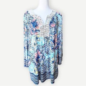 Ruby Rd. Blue Multicolor Relaxed Fit Crochet Detail Top Shirt Cover Up. XL.